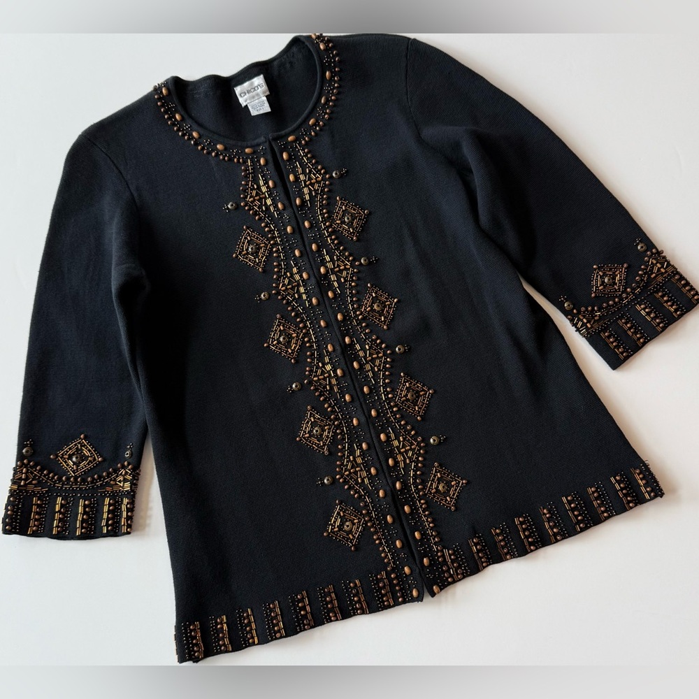 Vintage Chicos Women’s 1 Wood & Copper Beaded Black Cardigan Sweater 3/4 Sleeve